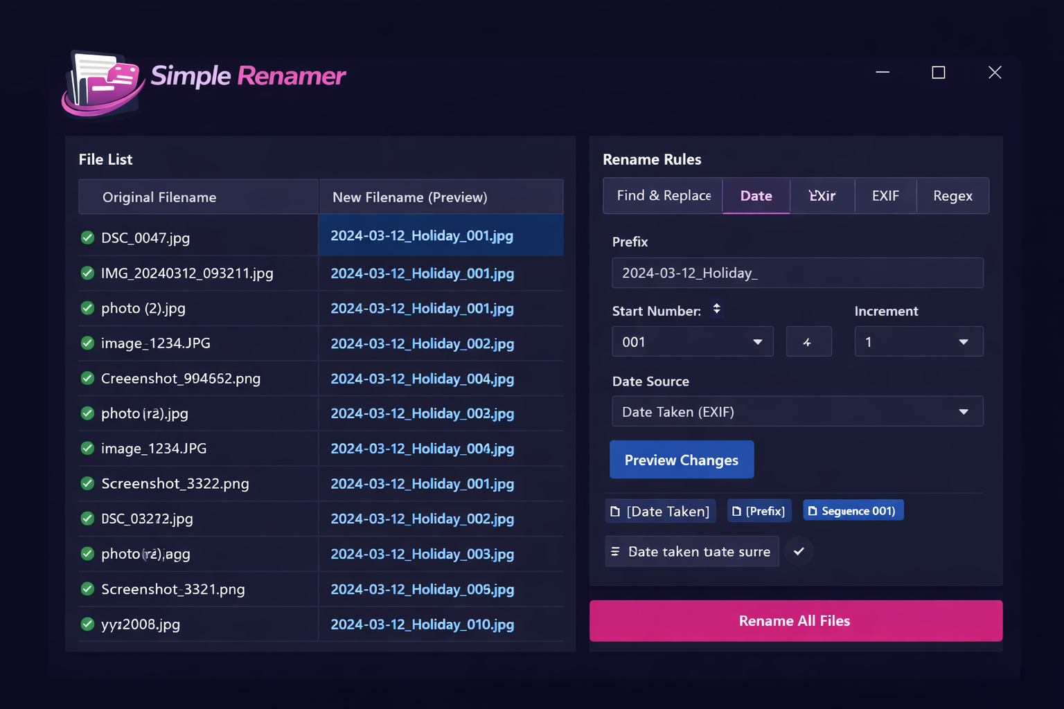Simple Renamer showing a messy file list on the left and clean renamed preview filenames on the right, with date-based EXIF renaming rules active